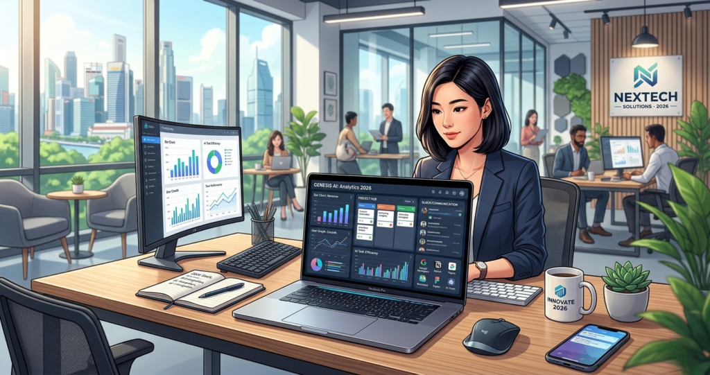 Professional small business workspace in Asia showing AI tools dashboards, charts, and productivity apps. Perfect for beginners to save time and make money in 2026 using free AI tools.