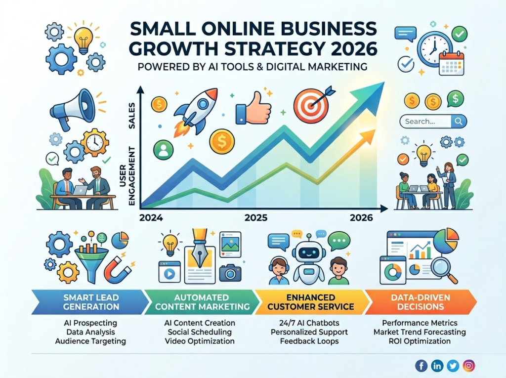 Illustration of a small Pakistani online business showing growth in sales and engagement using AI tools. Practical example of AI tools boosting productivity, saving time, and making money for beginners in 2026.