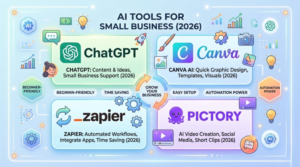 Collage of free AI tools icons including ChatGPT, Canva AI, Pictory, and Zapier. Beginner-friendly AI tools for small businesses in Asia to improve productivity, marketing, and earnings in 2026.