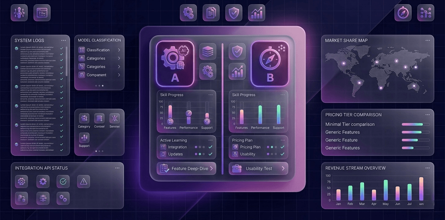 AI comparison category illustration showing VS split screen comparing two AI tools in modern UI design