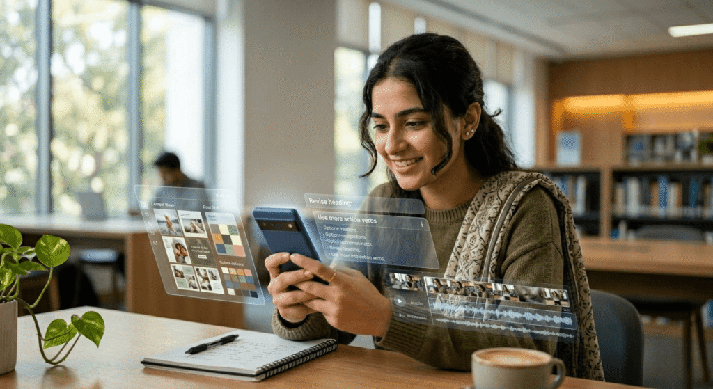 Pakistani freelancer using Android smartphone for AI freelancing work including Canva AI and CapCut video editing at home workspace