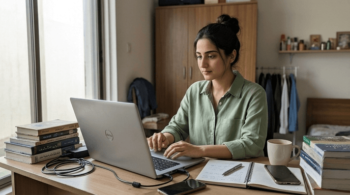 Pakistani female freelancer working on AI tools in a modern home office showing AI freelancing success concept in Pakistan 2026