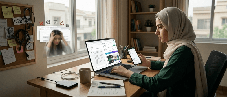 Young Pakistani freelancer working on laptop and mobile showing AI tools, representing AI freelancing mistakes and success journey in Pakistan 2026