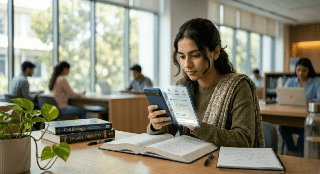 Pakistani student using Android phone AI app to scan textbook question and get instant step-by-step learning help for studies