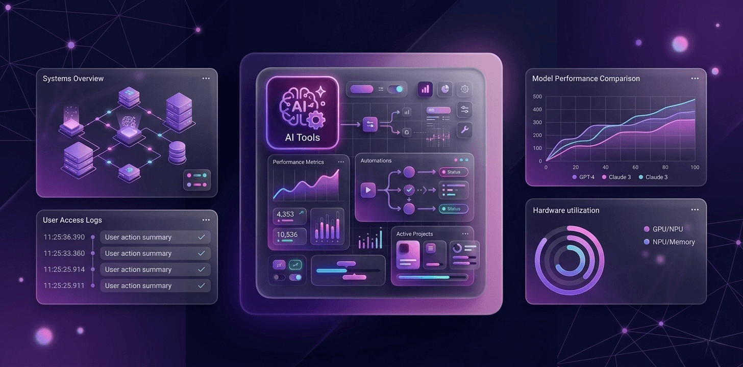 AI tools category modern dashboard illustration showing automation and productivity software interface in SaaS style