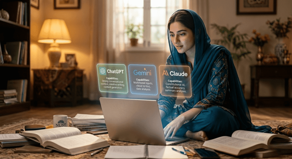 Student comparing ChatGPT Gemini and Claude for studies and freelancing