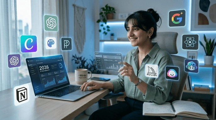 AI freelancing tools like ChatGPT, Canva, Gemini, Perplexity and Notion used by Pakistani freelancer for online earning