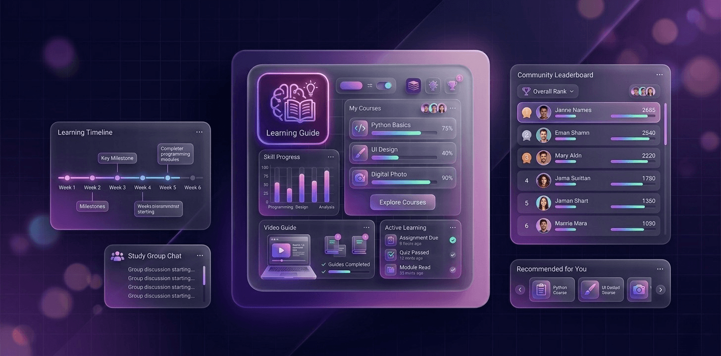AI tutorials category illustration showing online learning interface with laptop training and step-by-step guide design