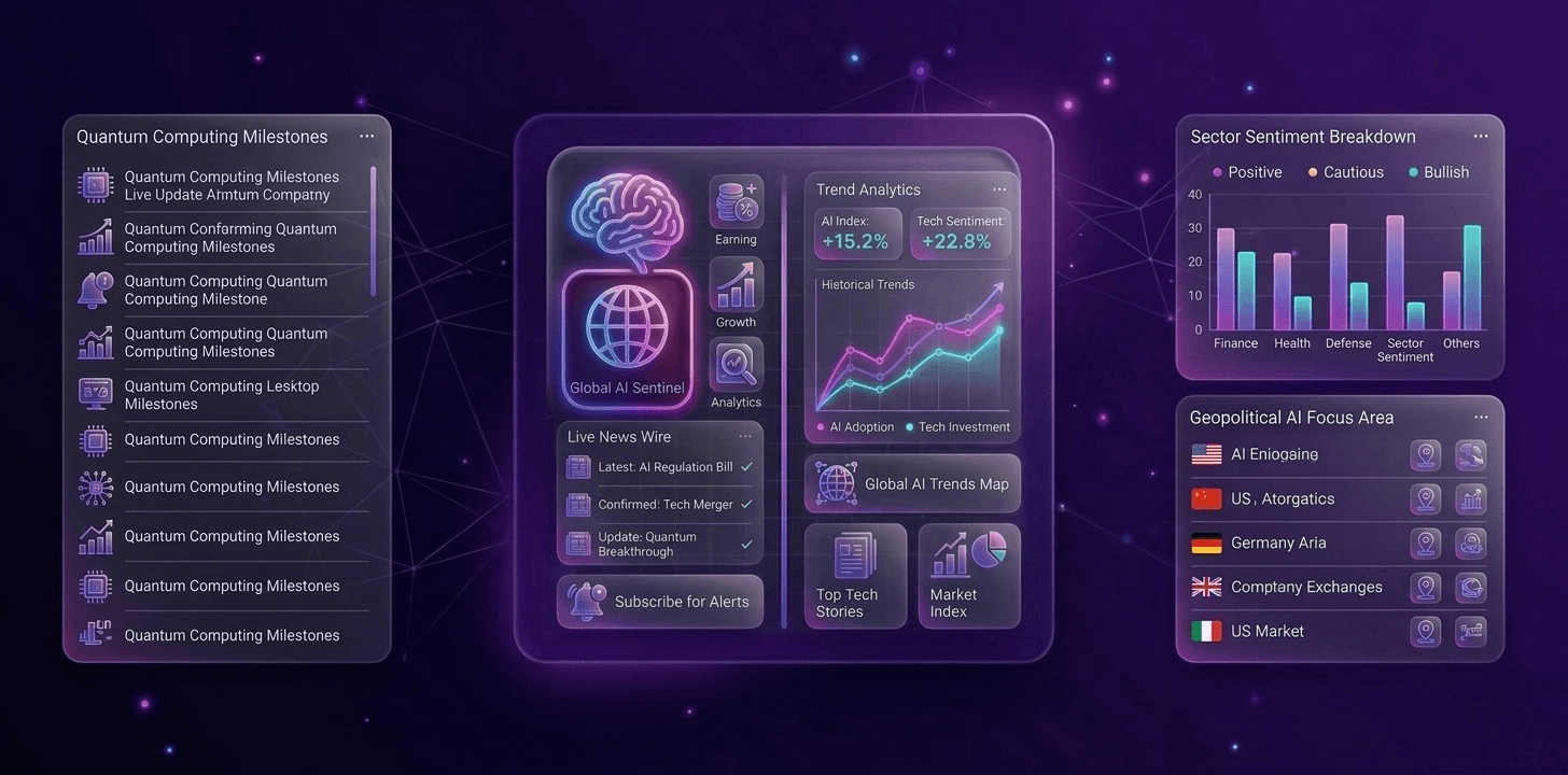 AI updates category illustration showing tech news dashboard with global AI trends and analytics interface