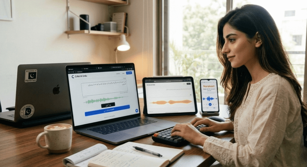 Comparison of top free AI voice generators for Urdu in Pakistan showing multiple tools on laptop and mobile devices for text to speech and voiceover creation