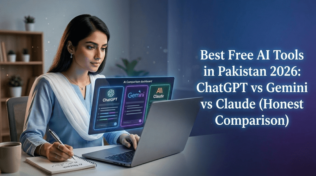Pakistani student using ChatGPT Gemini and Claude AI tools for study and freelancing in 2026
