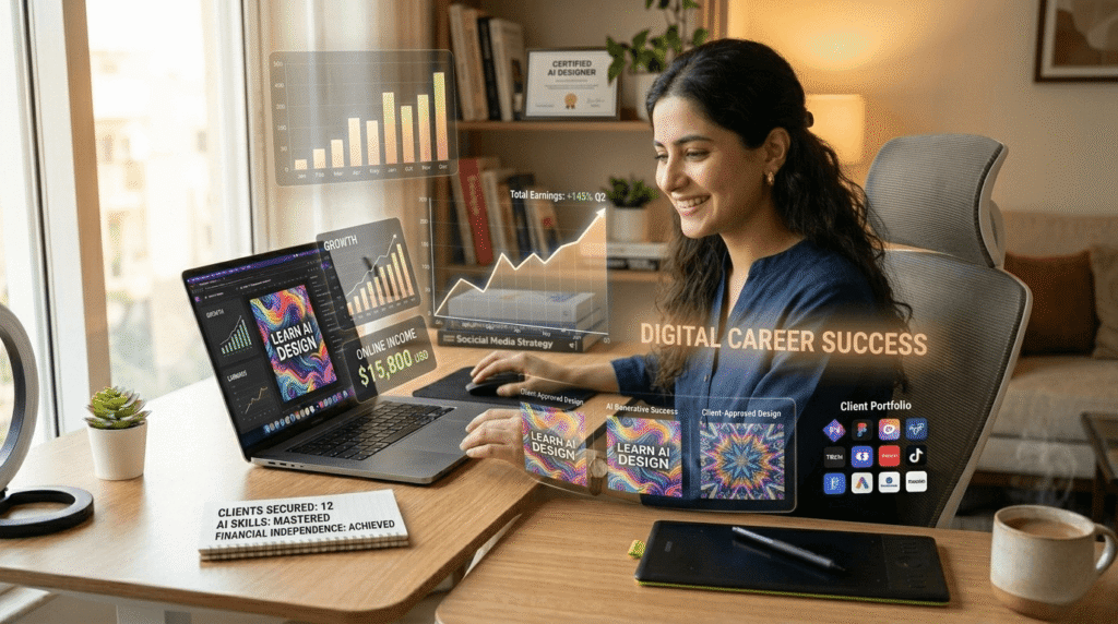 Pakistani female freelancer earning money online using AI design tools