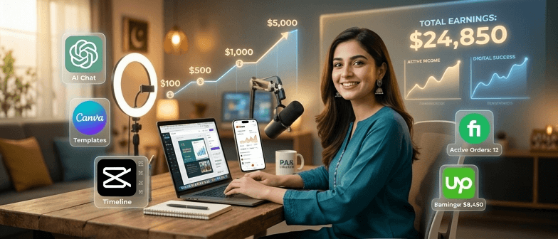 Hero banner showing Pakistani creator using AI tools for faceless YouTube channel and online earning in 2026