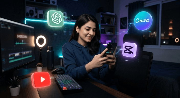Pakistani creator using smartphone with AI tools for faceless YouTube channel setup in 2026