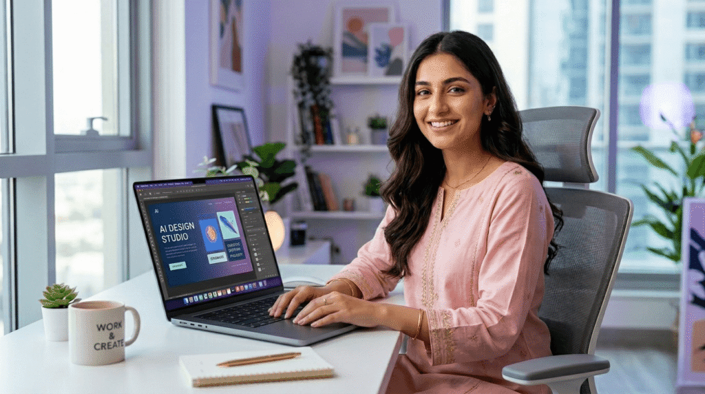 Pakistani female freelancer using free AI design tools on laptop without credit card