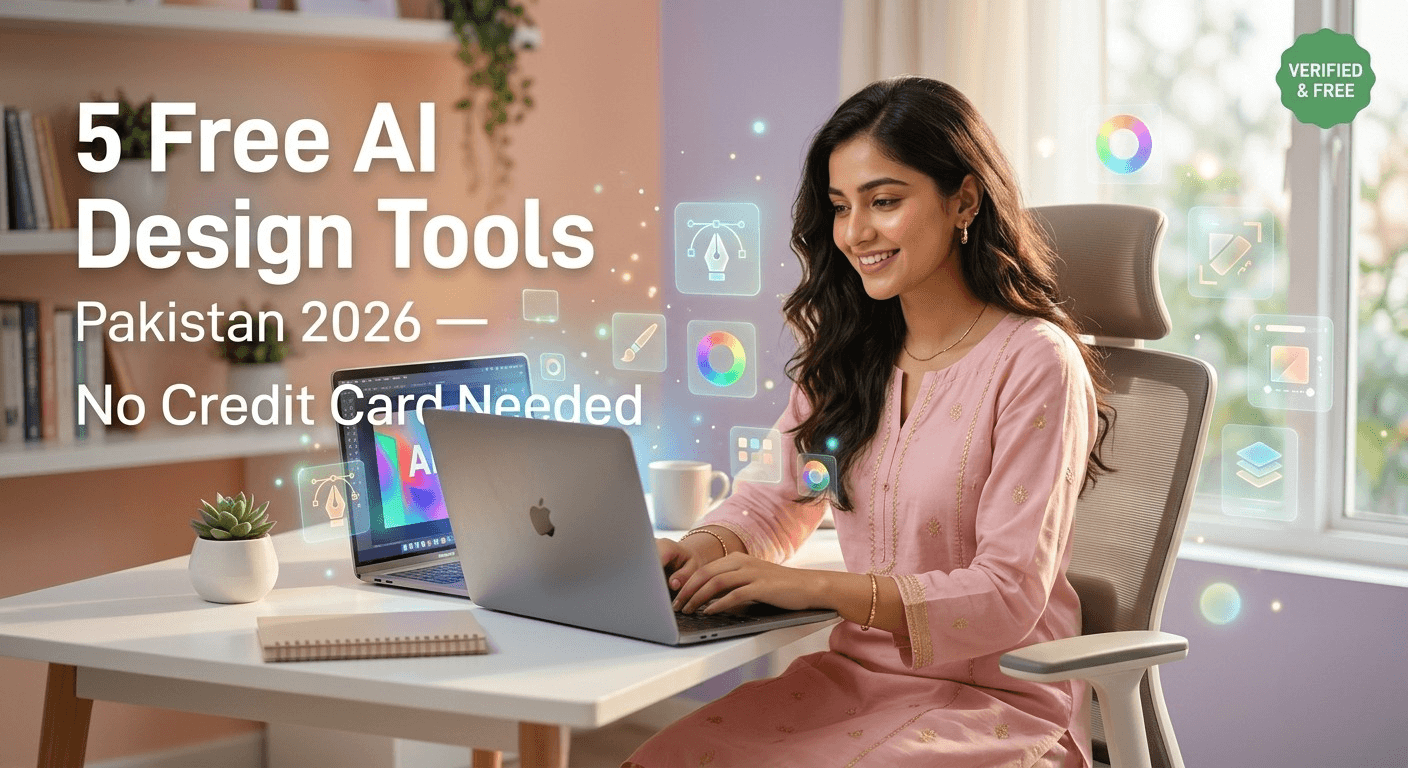 Pakistani female freelancer using free AI design tools without credit card on laptop