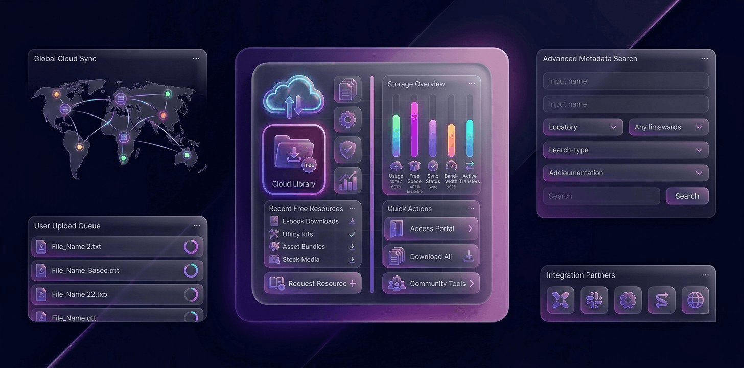 free AI resources category illustration showing cloud storage, downloads, and open access digital files UI design