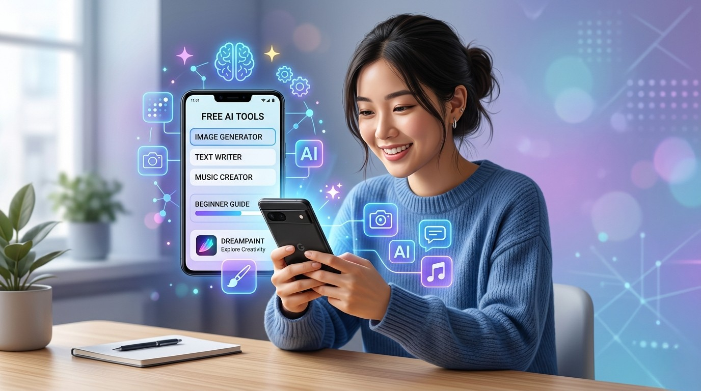 Young Asian beginner using smartphone with AI tools interface, futuristic glowing icons, no investment AI guide 2026