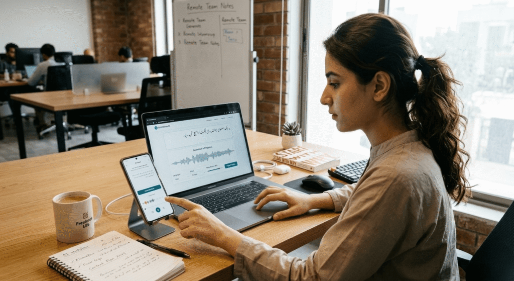 Best free AI voice generator Urdu Pakistan 2026 – Pakistani content creator using text to speech AI tool for Urdu voiceover on laptop and mobile