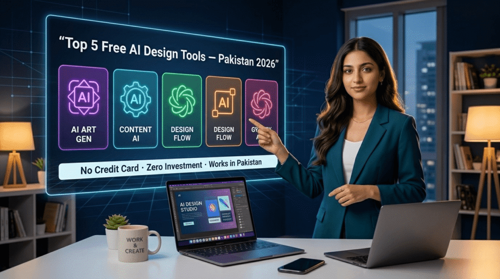 Pakistani student creating social media designs using free AI tools on mobile and laptop