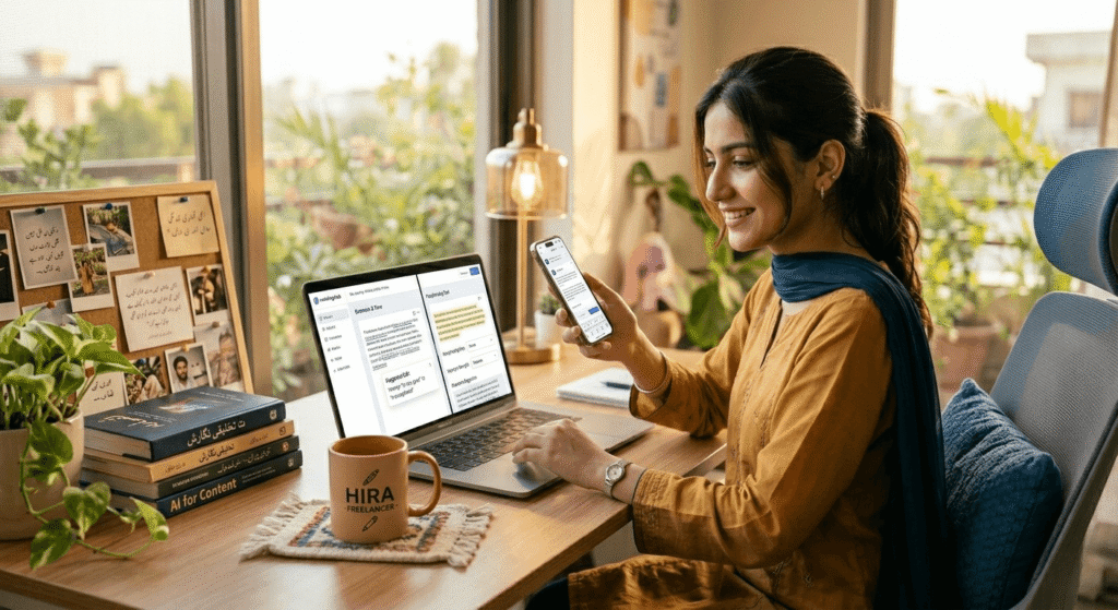 Pakistani freelancer using AI tools for writing and freelancing work