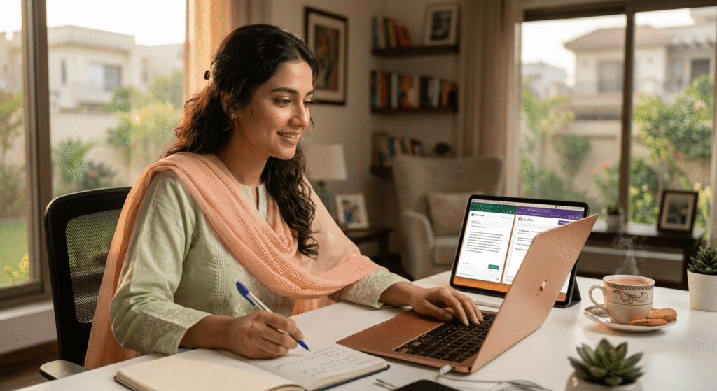 Pakistani female student using AI writing tools on laptop for assignments