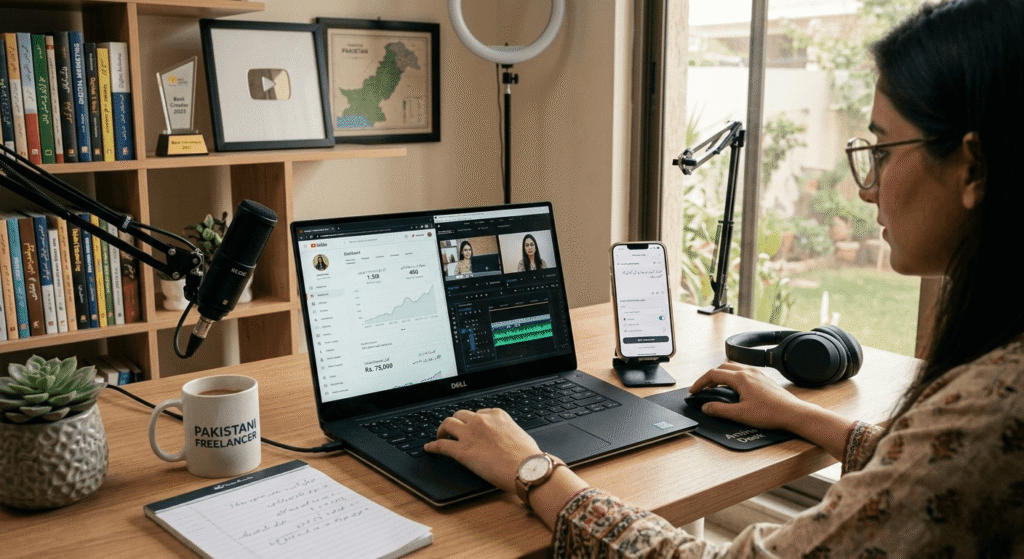 Pakistani freelancer using AI voice generator for Urdu YouTube content creation and online earning analytics