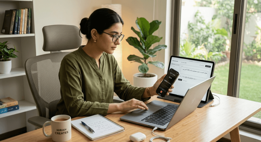 Pakistani content creator using AI voice generator for Urdu text to speech on laptop and mobile in modern workspace