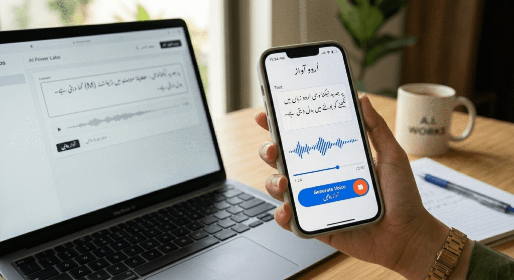 Mobile phone showing Urdu AI text to speech generator app converting text into voice audio in Pakistan