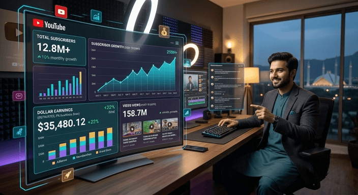 YouTube faceless channel growth showing analytics, earnings and subscriber increase for Pakistani creators