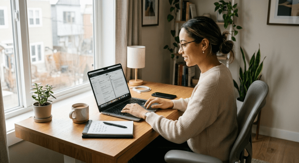 Beginner using laptop to start AI freelancing work at home workspace in Week 1 setup stage