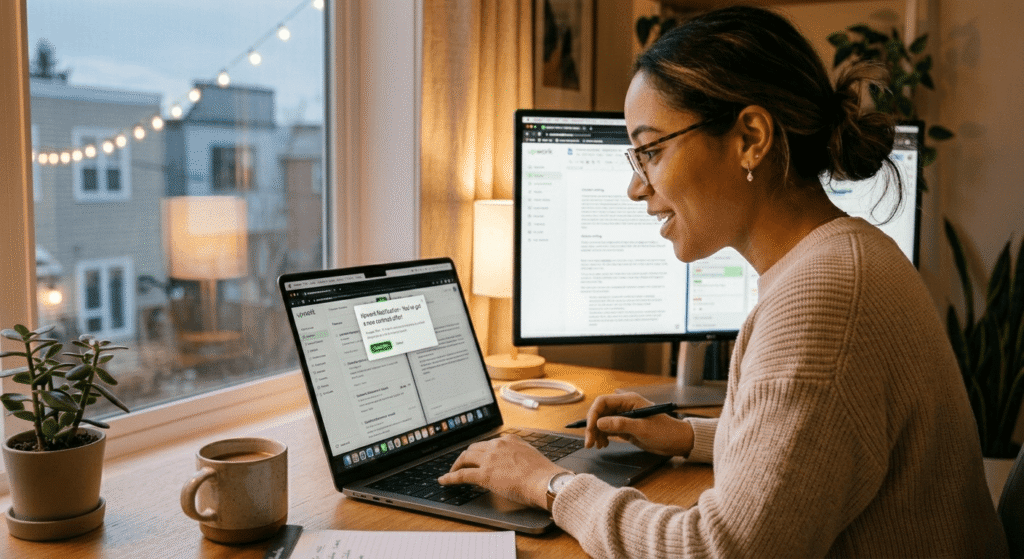 Freelancer receiving first client message on Upwork or Fiverr during AI earning journey Month 1