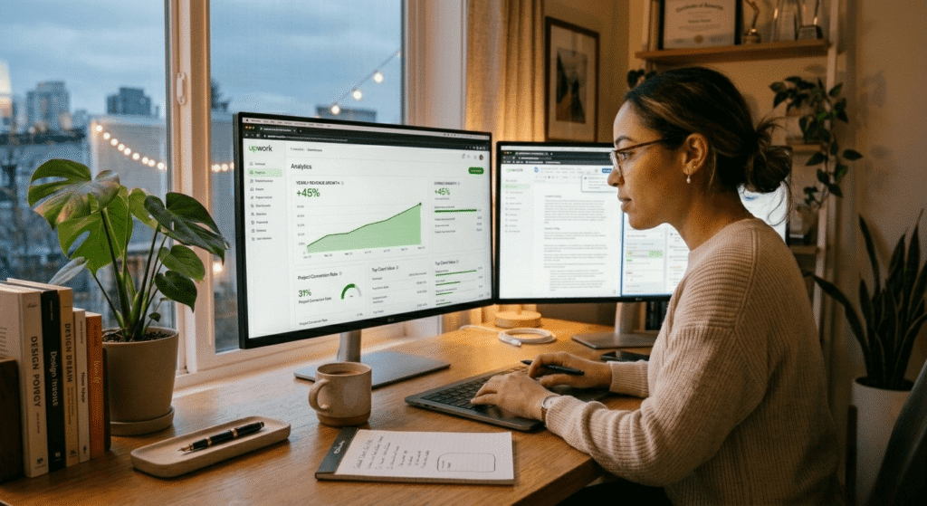 Successful AI freelancer managing multiple clients and projects during Month 3 income growth stage