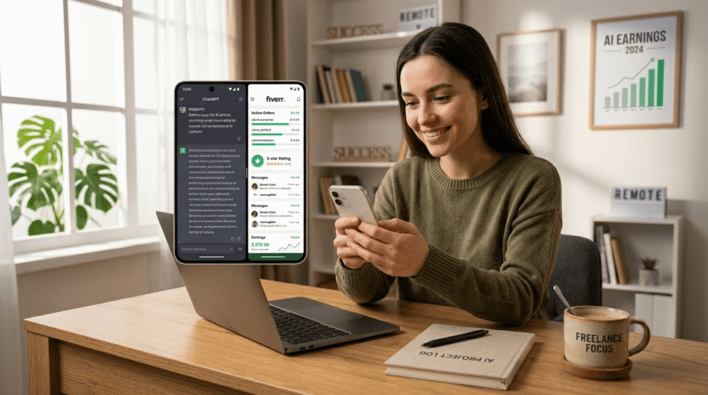 Beginner starting AI freelancing in 2026 using smartphone with ChatGPT and Fiverr apps in modern workspace