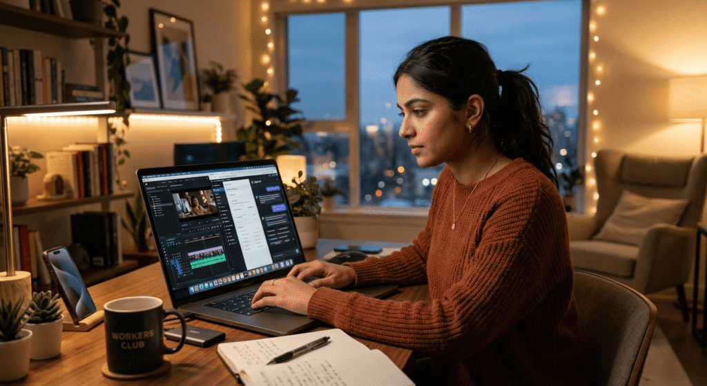 Freelancer using AI tools for online work and learning artificial intelligence skills