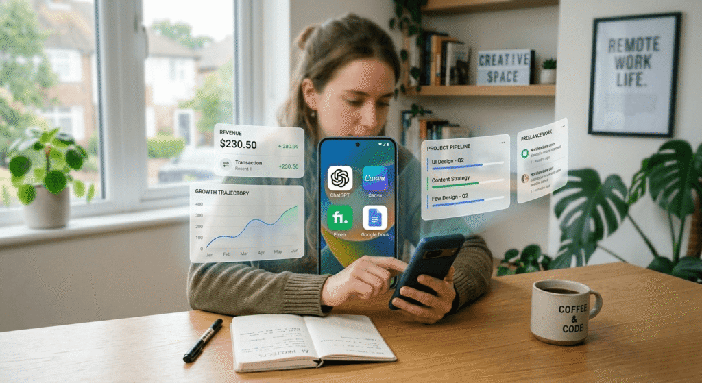 AI freelancing tools on smartphone showing digital income growth and online earning concept for beginners