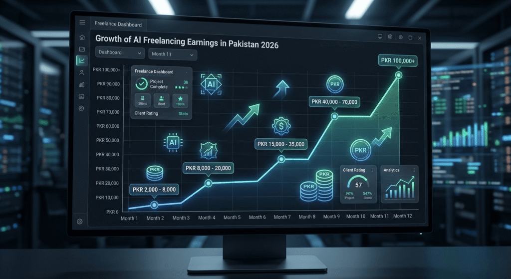 Freelancer reviewing income growth chart on laptop showing increasing earnings from AI tools with Payoneer balance and JazzCash wallet in Pakistan