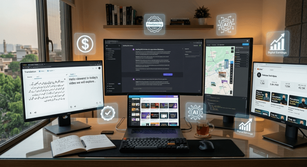 Workspace showing multiple AI income streams including ChatGPT writing, Canva design, Fiverr dashboard, and YouTube analytics for freelancing in Pakistan