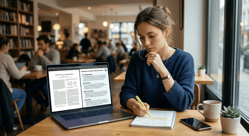 Student using AI tools for research and learning on laptop in café environment representing modern AI study workflow