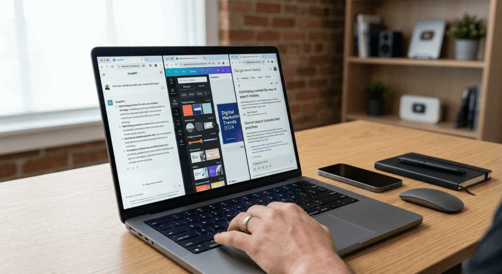 AI tools like ChatGPT Canva and Gemini used on laptop for online earning and freelancing work