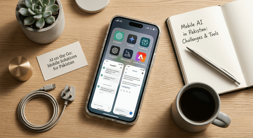 Comparison of best AI tools for mobile users in Pakistan including ChatGPT, Gemini and Canva on smartphone screen