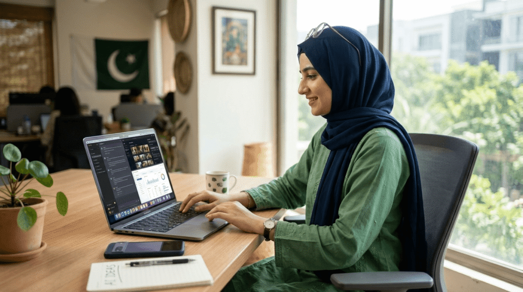Young Pakistani freelancer using laptop with AI tools like ChatGPT and Google Gemini for online earning and freelancing in 2026