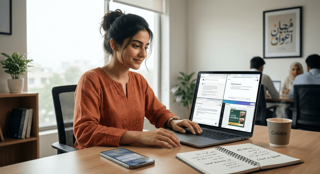 Pakistani freelancer using laptop with AI tools like ChatGPT, Gemini, Copilot, and Canva AI for freelancing and online earning in 2026