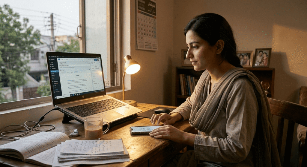 Pakistani freelancer using AI tools on mobile and laptop with slow internet connection for online work in 2026