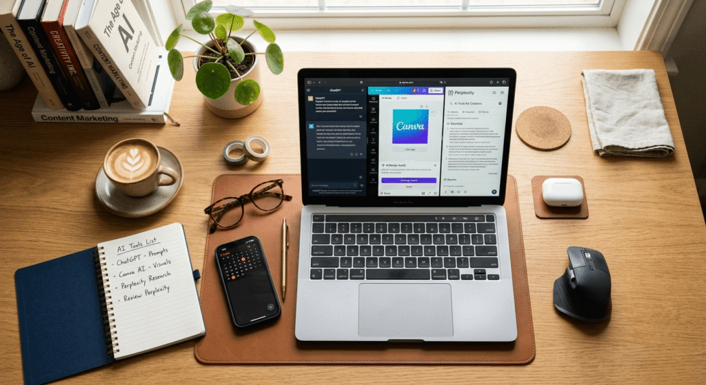 Workspace setup showing AI tools comparison concept for ChatGPT Canva AI and Perplexity AI productivity workflow
