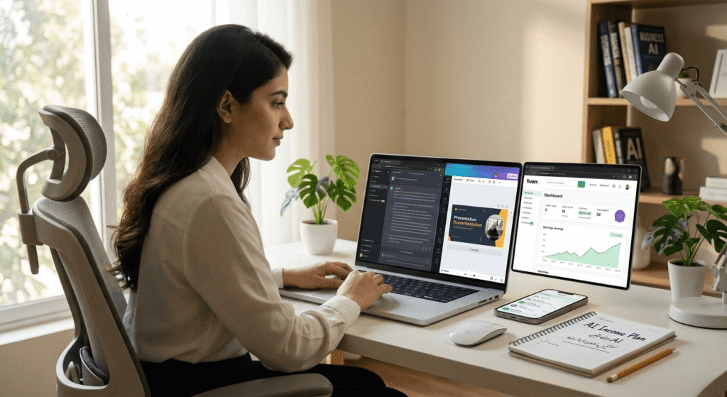 Pakistani beginner earning first 100 dollars online using free AI tools like ChatGPT Canva and Fiverr freelancing dashboard in 2026