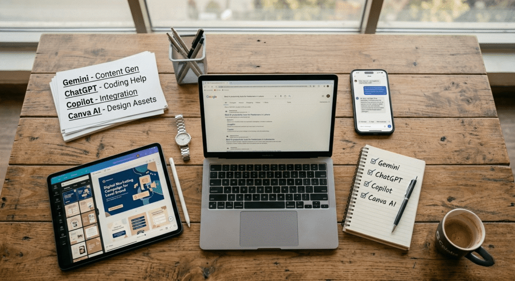 Modern desk setup showing laptop and mobile using AI tools like ChatGPT, Gemini, Copilot, Canva AI for students and freelancers in Pakistan