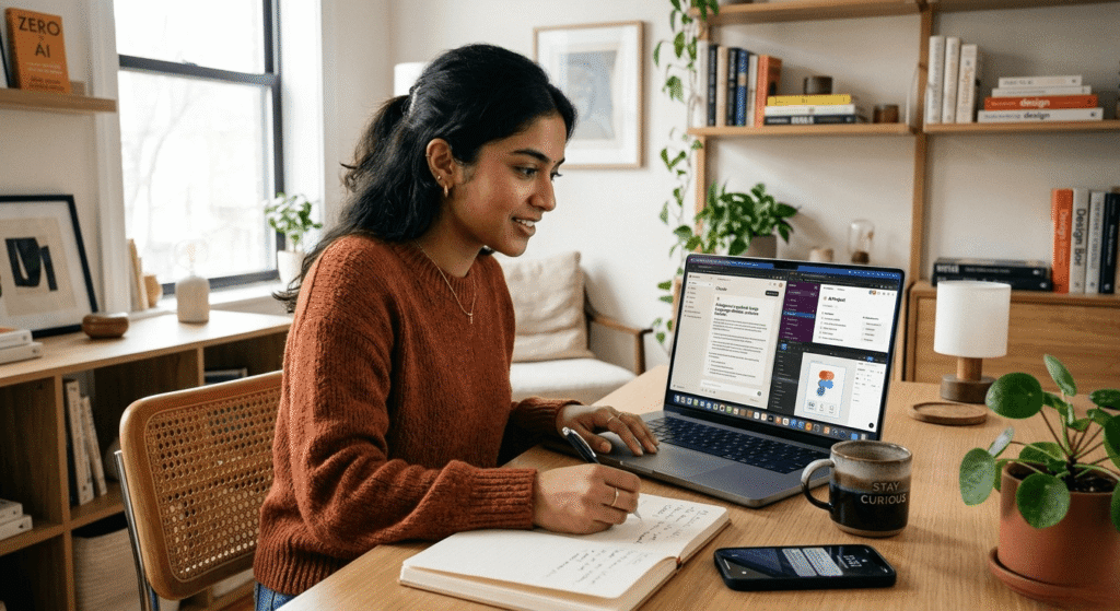 Beginner using free AI tools on laptop while learning artificial intelligence in 2026