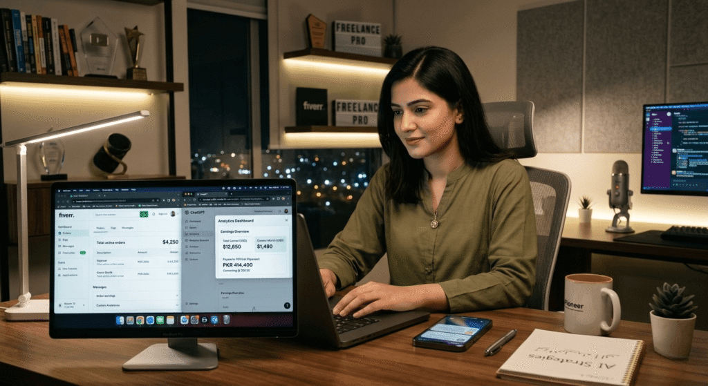 Young Pakistani freelancer earning money online using AI tools like ChatGPT and Fiverr with Payoneer and JazzCash payment system without PayPal in 2026