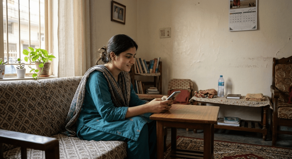Young Pakistani beginner using smartphone at home to earn online with AI tools and Fiverr freelancing in 2026